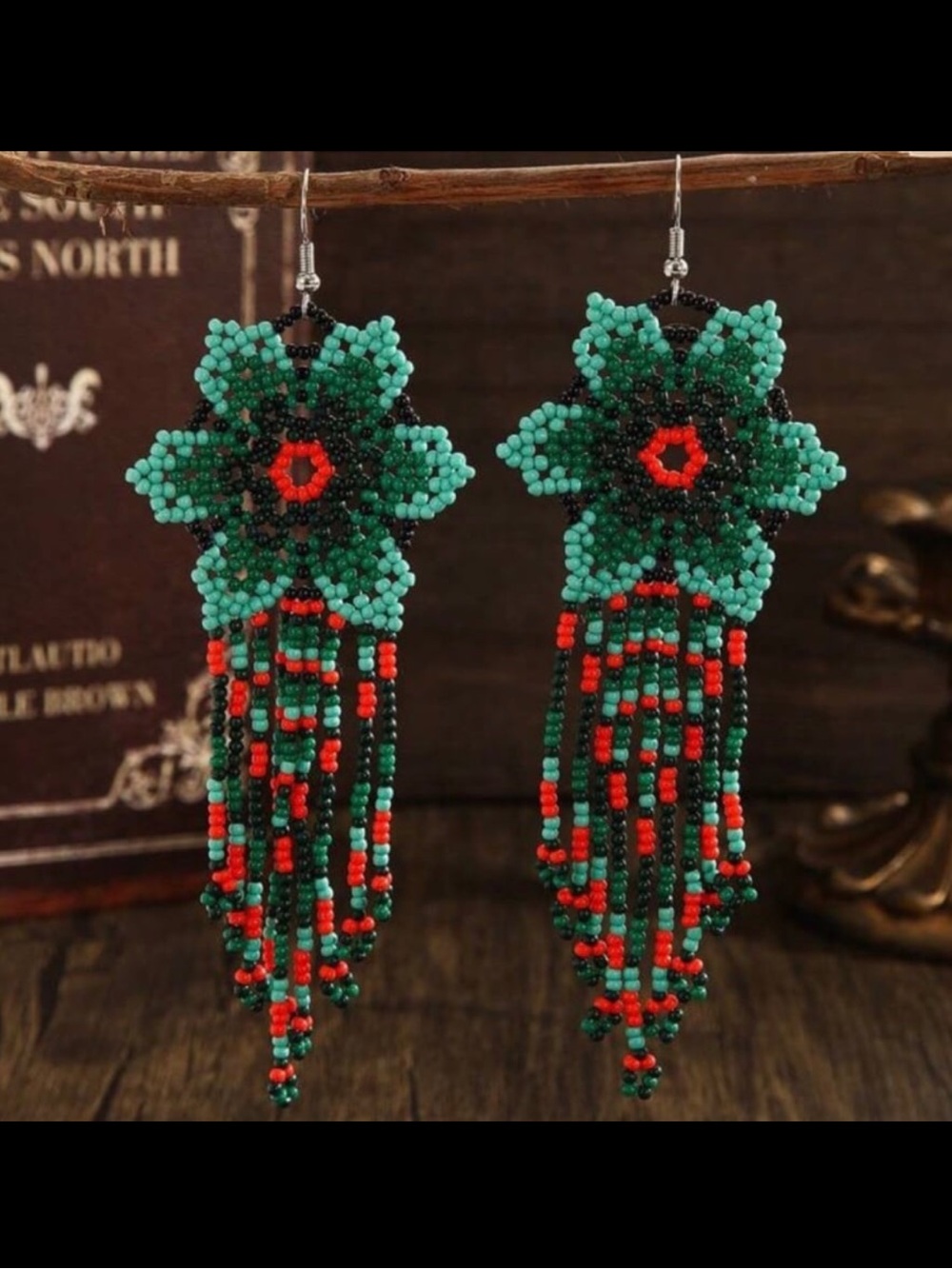 New! Festival Summer Boho Handmade Floral Green & Red Beaded Earrings